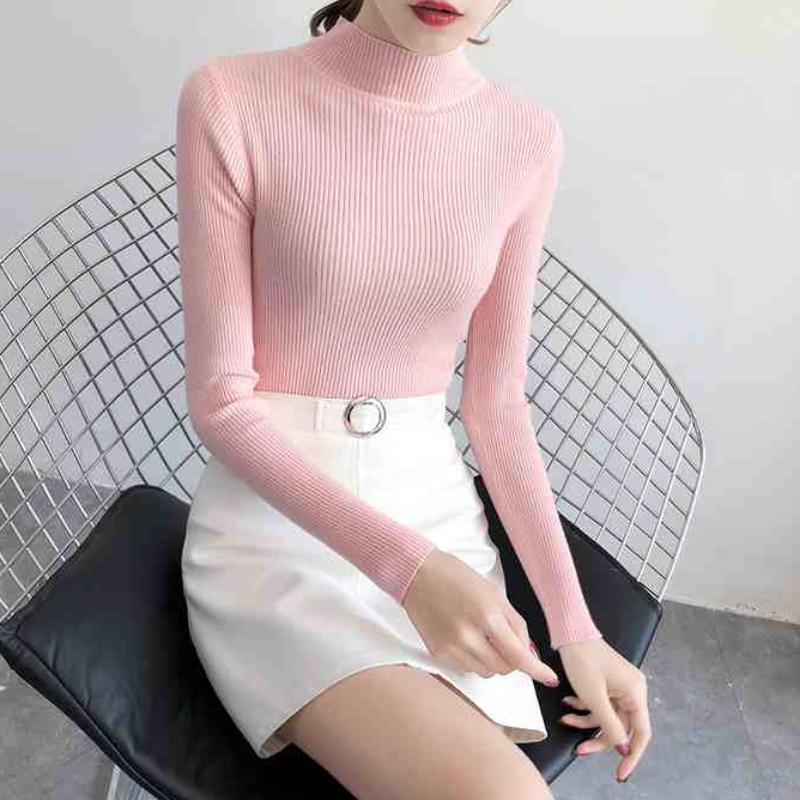 Autumn Half High Collar Pullover Sweater for Women Slim Fit Long Sleeve Base Women Knit Sweaters Elegant Solid Fashion Winter Knitwears Jumpers 25274