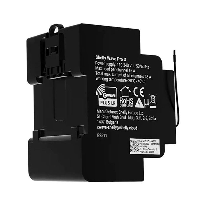 Module Contrôleur Shelly Wave Pro 3 LR Rail DIN avec 3 Relais Z-Wave +LR 110/240V CA 3x16A