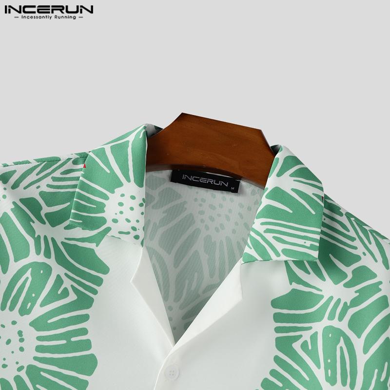 INCERUN Men Lapel Neck Short Sleeve Print Stitching Casual Loose Shirts