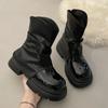 Women Soft Leather Chelsea Boots Woman Winter Ankle Boots Square Toe Flats Platform Shoes Fashion Ladies Short Pants Botas Goth