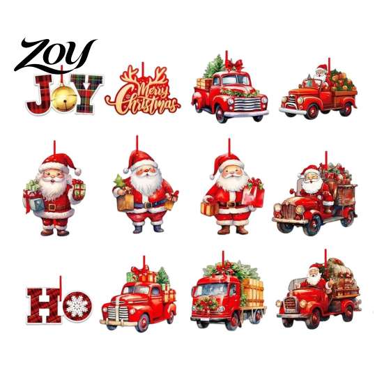 Holiday Party Supplies 12/24/36Pcs Christmas Wooden Ornaments, Santa Claus Red Truck Hanging Decorations with Rope, Indoor Festive Ornaments Xmas Tree