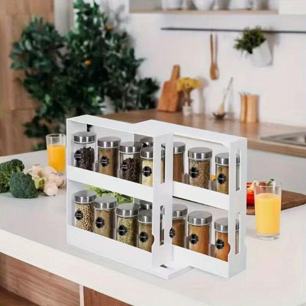 Large Capacity 2 Layer Spice Storage Rack 90-Degree Rotation Spice Organizer Kitchen