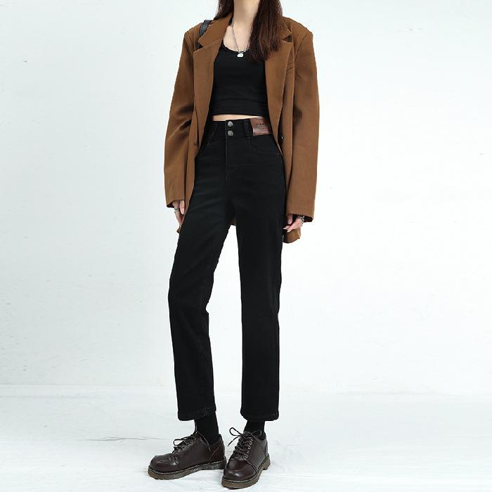 

Женские джинсы-сигареты с высокой талией — облегающий крой, эластичный, прямой покрой для весны/лета 2025 г. Black trousers