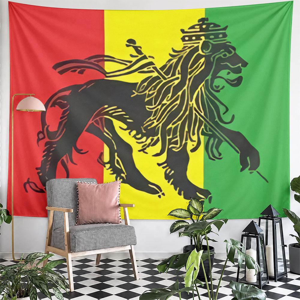 A crowned lion holding a staff on a red, yellow, and green striped background. Patterned tapestry for bedroom and living room home decor