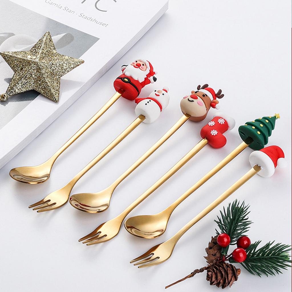 Set de furculițe și linguri de Crăciun, 2/4/6 buc. Set de cadou, din oțel inoxidabil, veselă creativă, cafea, ceai, desert, furculițe și linguri