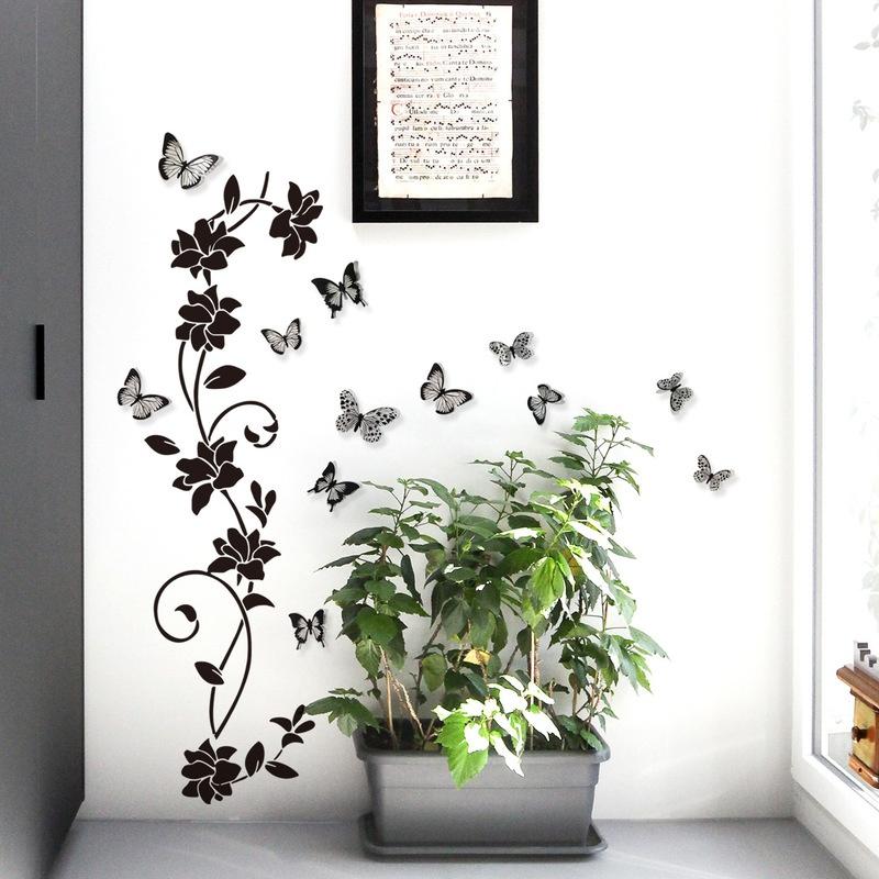3D Butterfly Wall Stickers Home Decor Black Flower Rattan Living Room Background Room Wall Stickers Dark Fashion Style