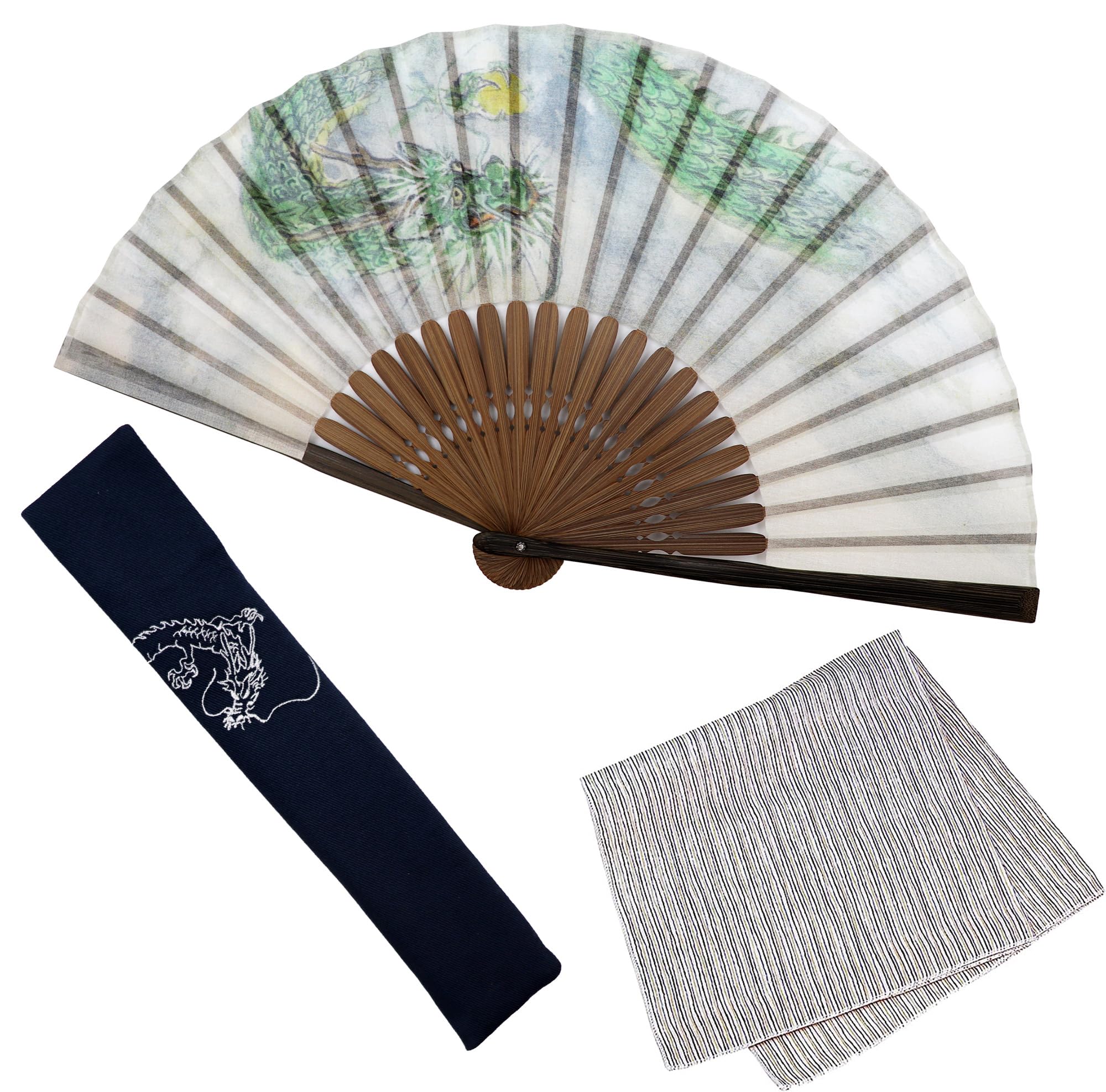 

Stylish Business Fan Set with Fan Pouch and Handkerchief Dragon Cloud [Osaka Choseido] Men s - (Green Dragon)