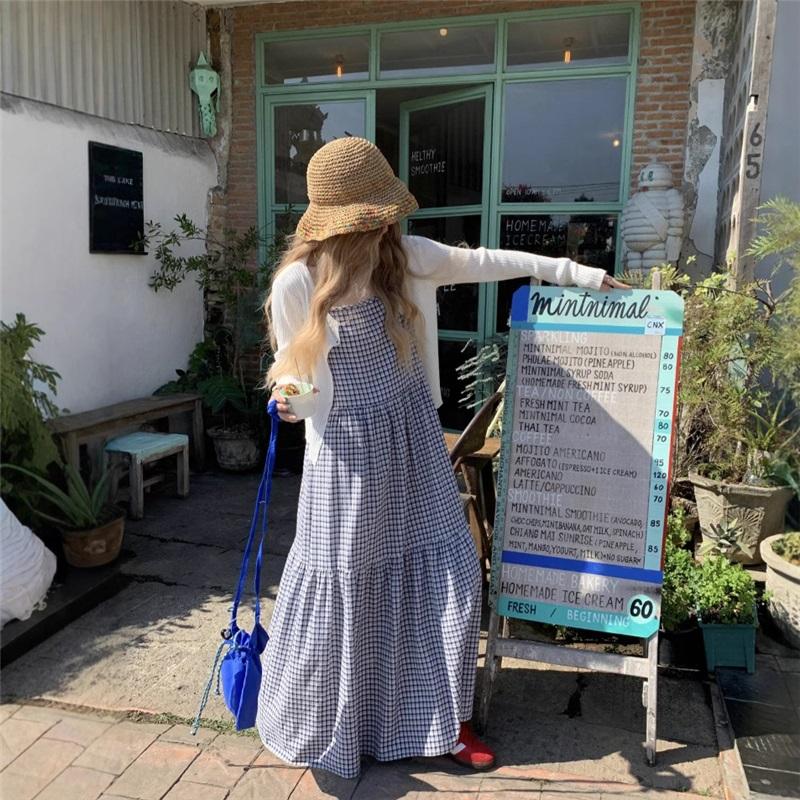 Vintage Summer Waist Tie Slimming Checkered Maxi Dress Ankle Length Skirt For Beach Vacation