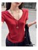 Dopamine Red V-Neck Straight-Shoulder Slim Women’s T-Shirt - Summer 2025: Sweet & Spicy Style