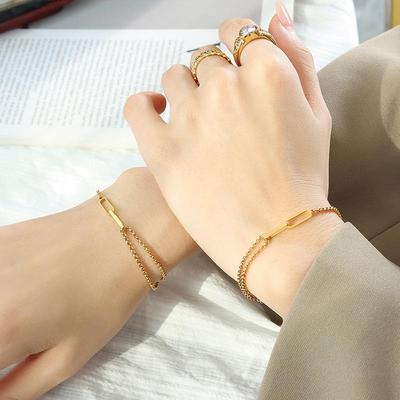 Christmas Geometric Double-Layer Chain Bracelet: Women's Titanium Steel 18K Gold-Plated Hand Jewelry (E179)