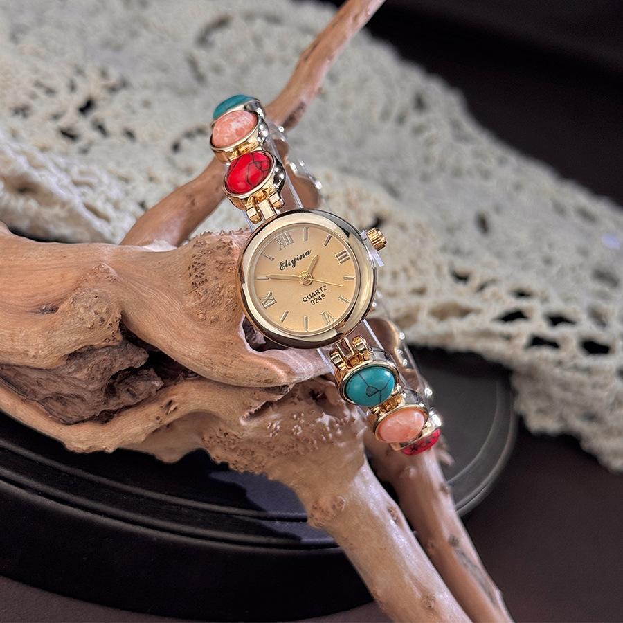 LP74 Exquisite Colorful Turquoise Bracelet Women's Watch Vintage Round Stone Embedded Quartz Watch Fashion Wristwatch for Ladies