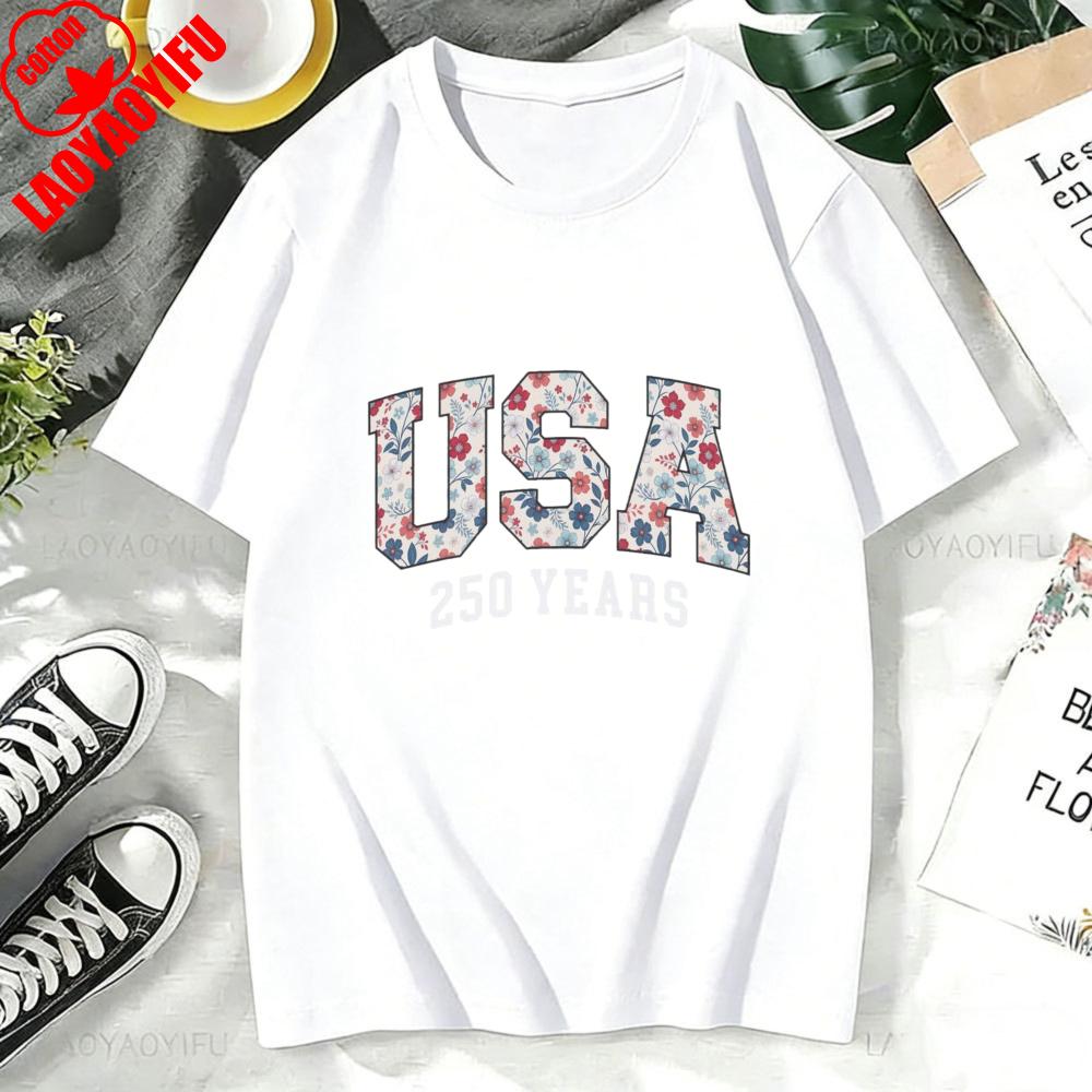 T Shirt Women Cotton Short Sleeve O Neck Casual Fashion Usa 250 Years Floral Print Top For Her Summer Holiday Gift