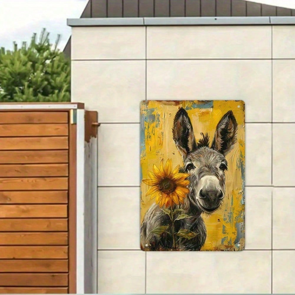 Décoration murale en métal style ferme vintage, motif âne et tournesol, idéale pour le jardin, le salon ou la véranda.