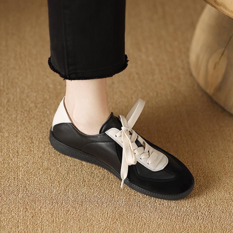Fashion Women Lace Up Sneakers Genuine Leather Splicing Flat Shoes Black Leopard Print Ladies Casual Flats Womens Round Toe Footwear