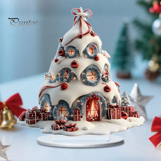 Sturdy Seasonal Shelf Decorations Winter Christmas Tree Cottage Table Decoration, Double Sided Acrylic Xmas Cabin Ornament Indoor Atmosphere