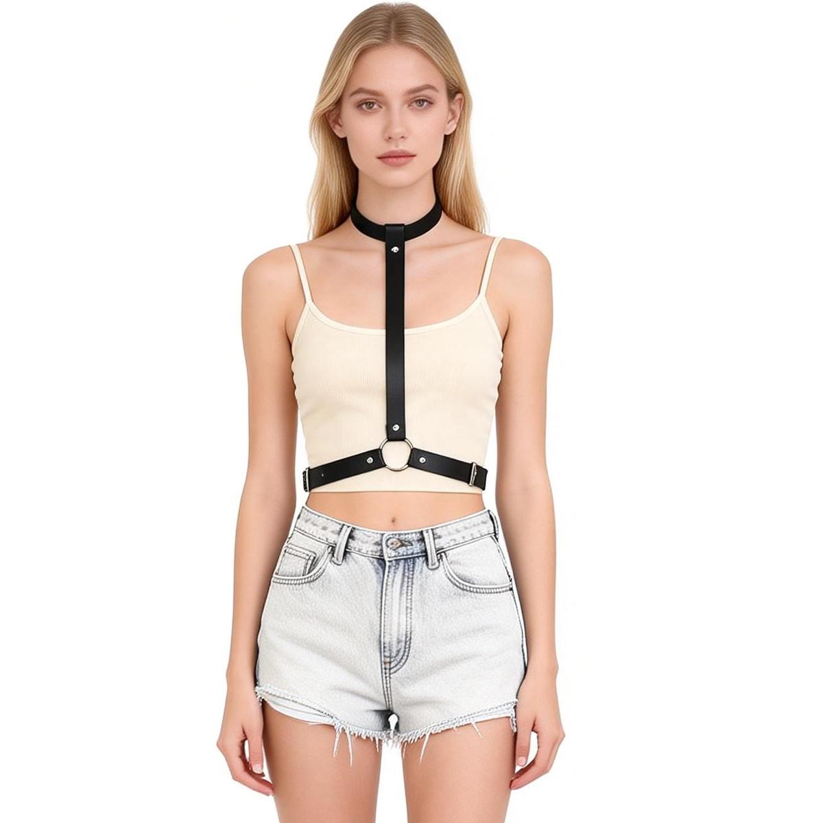 Verstellbarer Leder-Körpergurt für Damen, Metall-O-Ring-Dekoration, Gothic-Punk-Stil, Taillen-Geschirr für Kleider, Nachtclub, Rave 115CM beige