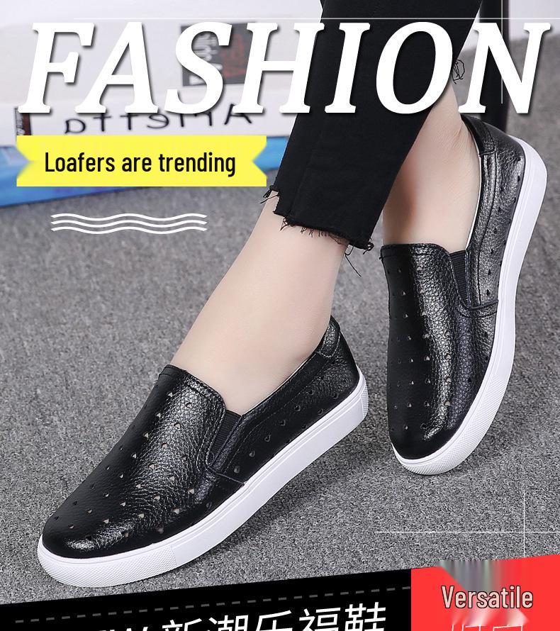 Spring Plus Size Women's Genuine Leather Slip-On White Flats - Casual, Breathable, Korean Style