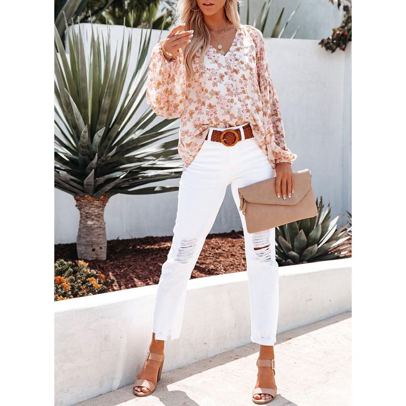 2026 New Spring and Autumn Women's V-neck Chiffon Top Lantern Sleeve Floral Casual T-shirt