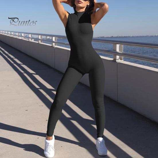 Women Sport Jumpsuit Solid Color Sleeveless Skinny Half-high Collar Elastic Soft Breathable Sweat Absorption Seamless Lady Daily Jumpsuit