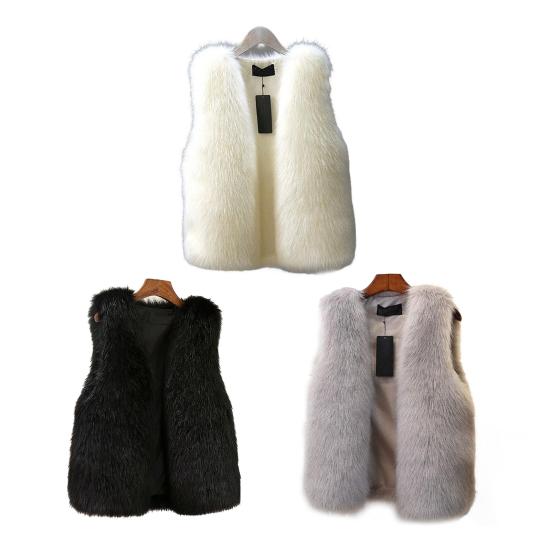 Women Imitation Fur Vest V-neck Sleeveless Open Front Plush Texture Solid Color Waistcoat Winter Thickened Vest Coat