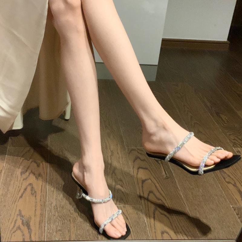 New beautiful rhinestone one-word strap half-drag women's sandals high heels thin heels transparent fairy style slippers