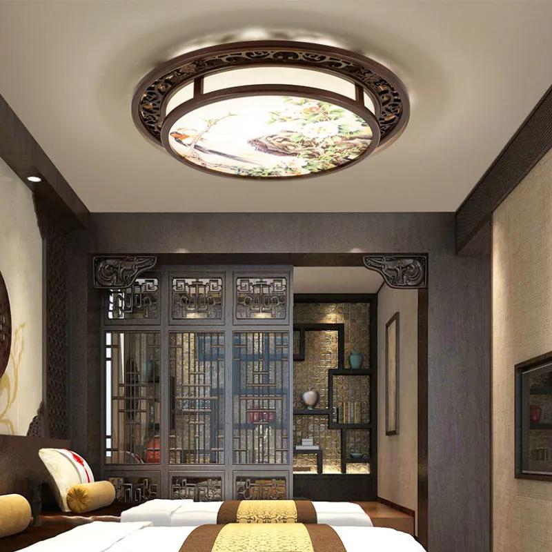 Chinese round ceiling lamp bedroom study living room antique classical LED solid wood light YHJ40608