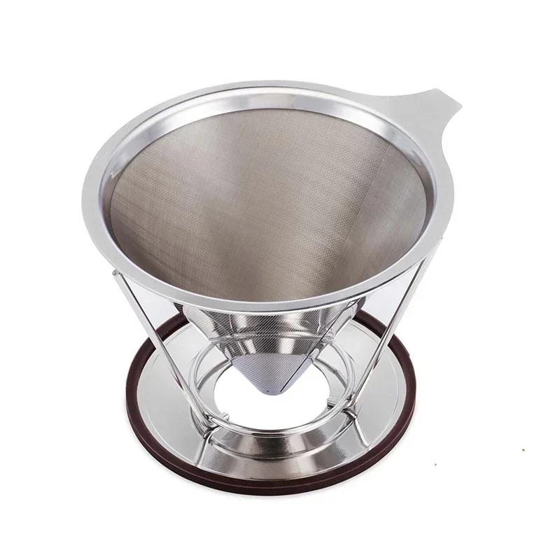 Filtru de cafea din oțel inoxidabil, reutilizabil, turnat peste picurator de cafea cu suport, cu plasă dublă, filtru conic fără hârtie, accesorii pentru cafea