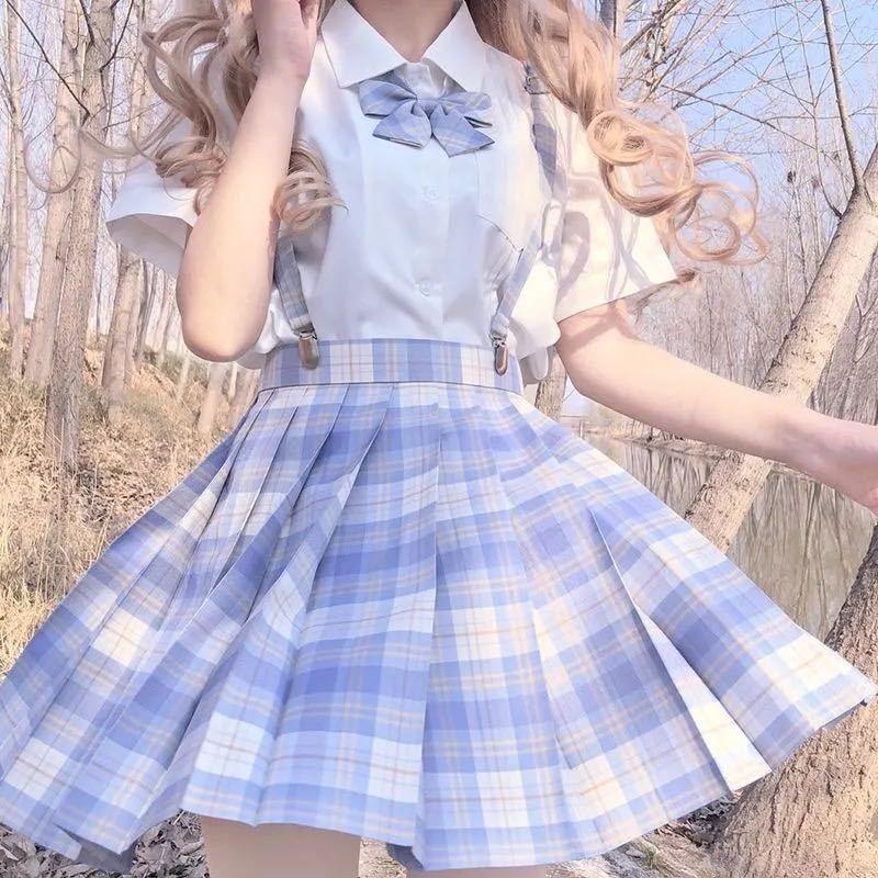 Japanese School Uniform JK Pleated Skirt Korean Student Sailor Full Set Girl Plaid Skirt Pink Uniforms for Woman