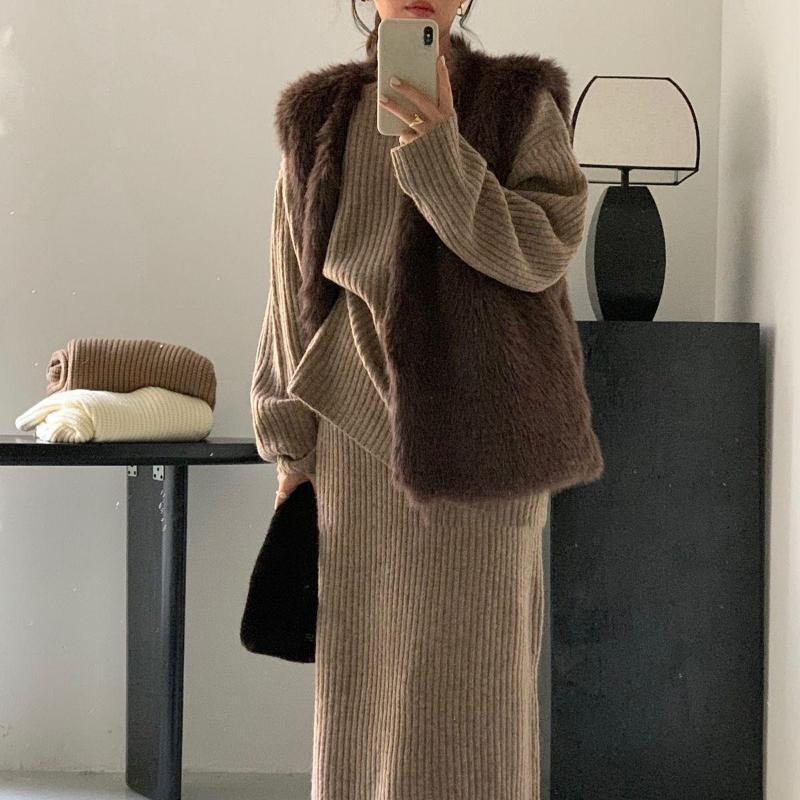 Lazy Loose Crew Neck Sweater Skirt Set Autumn and Winter Versatile Knitted Sweater Two-piece Set