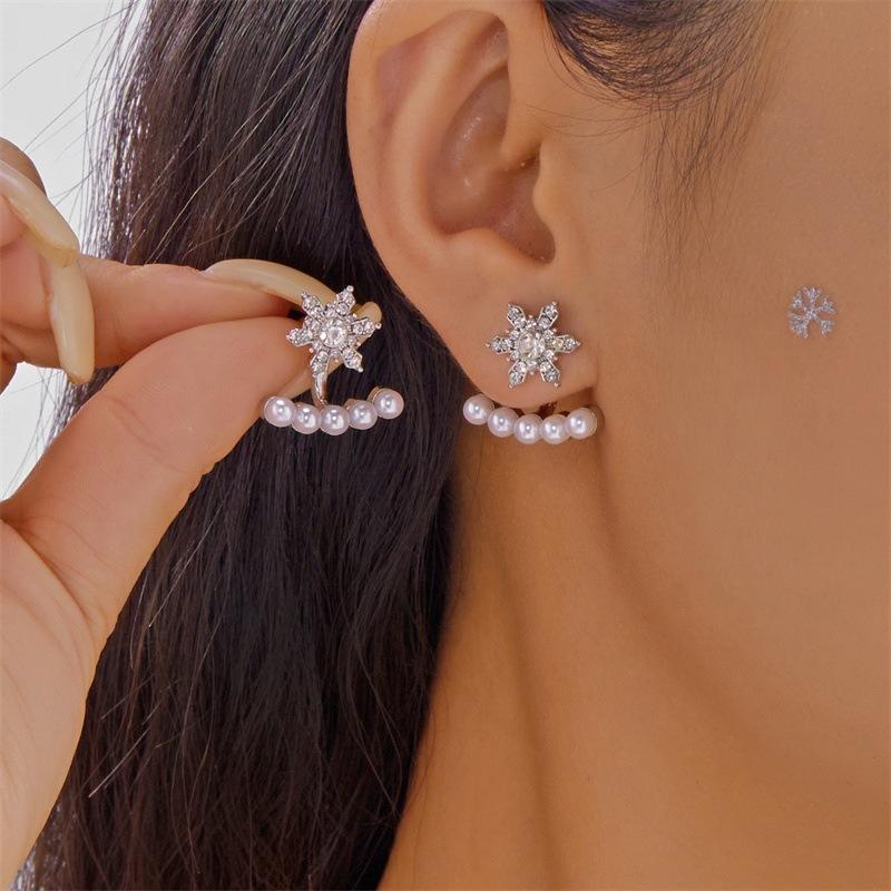 Glamorous Sparkling Snowflake Stud Earrings with Crystal Zircon Pearl Dangle; Ideal Long Tassel Earring Christmas Gifts