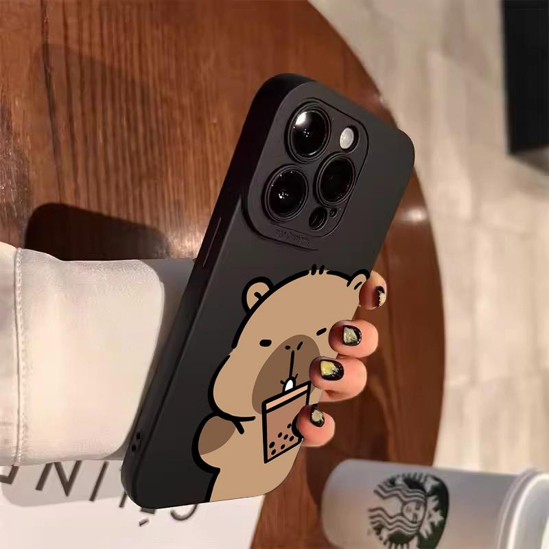 Cute Capybara Drinking Bubble Tea Art Phone Case for iPhone 17 16 15 14 13 12 11 Series Pro Max Plus Double Layer Protection