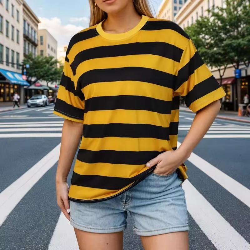 Black and Yellow Striped 3D Print Women T Shirt Short Sleeved T-shirt Summer Loose Tops T Shirt Y2K Female Top Tees