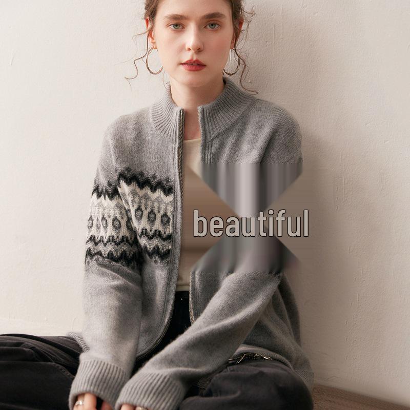 Fair Isle Jacquard Double Zipper Cashmere Cardigan Sweater for Women