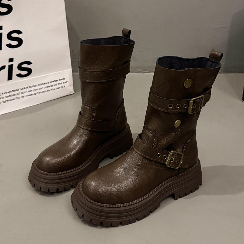 

Женские ретро ботинки Мартин в британском стиле - Осень/Зима 2025, средней высоты, на толстой подошве, мотоциклетные ботинки 40 коричневый