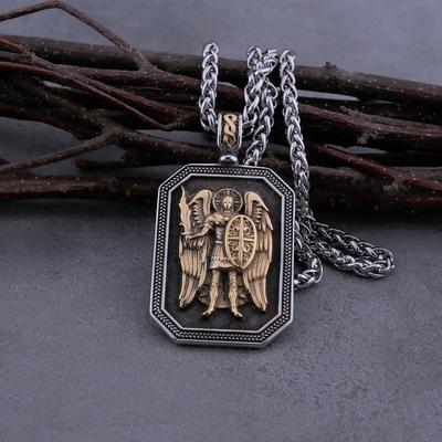 Religion Stainless Steel Archangel Shield Necklace Vintage Mens Unisex Biker Amulet Pendant Necklace Jewelry Gift for Boyfriend