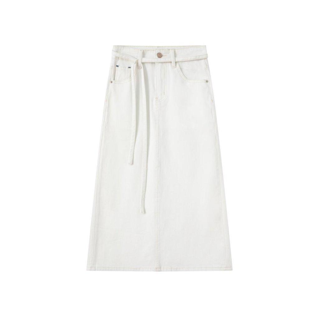 Hong Kong Style Tencel Stretch Back-Slit Denim Midi Skirt - High-Waisted, Tie-Up, Slimming & Versatile for Women (Spring 2026)