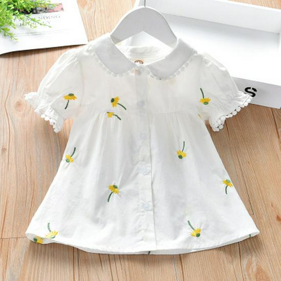 2025 New Summer Girls' Korean Style Embroidered Short Sleeve White Shirt