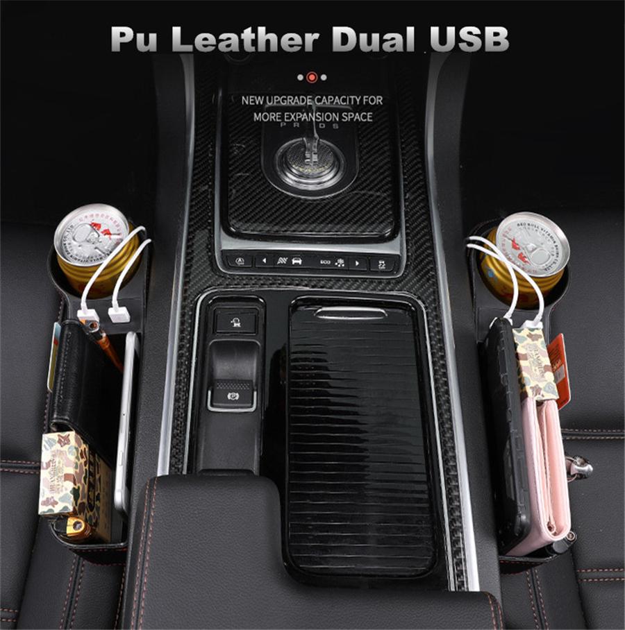 Pair Left + Right PU Leather Car Seat Gap Storage Box Crevice Organizer Pocket Dual USB Cup Holder