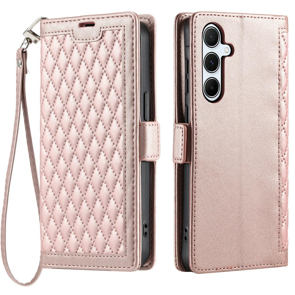 For Samsung Galaxy S25 Leather Case Rhombus Texture Wallet Stand Phone Cover with Wrist Strap