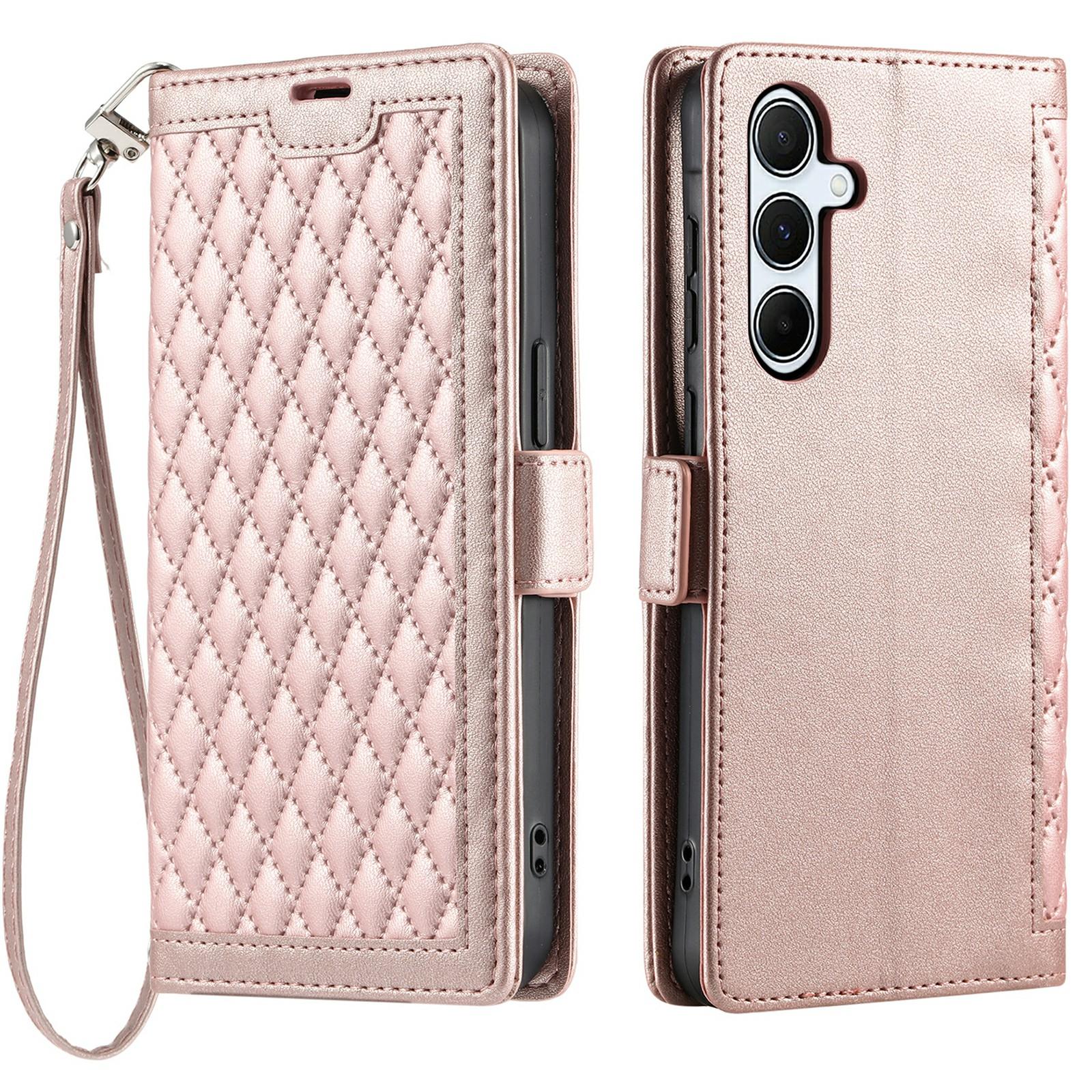 

For Samsung Galaxy S24 FE Leather Case Rhombus Texture Wallet Stand Phone Cover with Wrist Strap Rose Gold