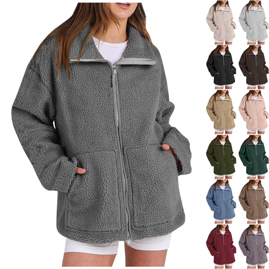 Jaqueta com capuz casual feminina de cor sólida, solta, com abotoamento simples e bolsos