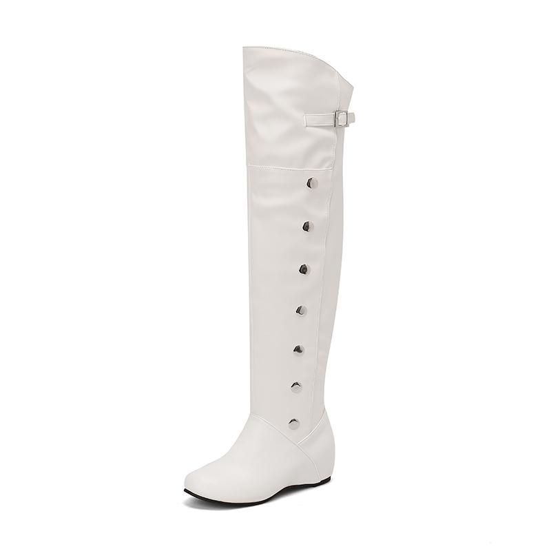 Plus Size Round Toe Wedge With Warm Plush Lining Slip-On Women'S Over The Knee Boots With Rivet Buckle Long Boots