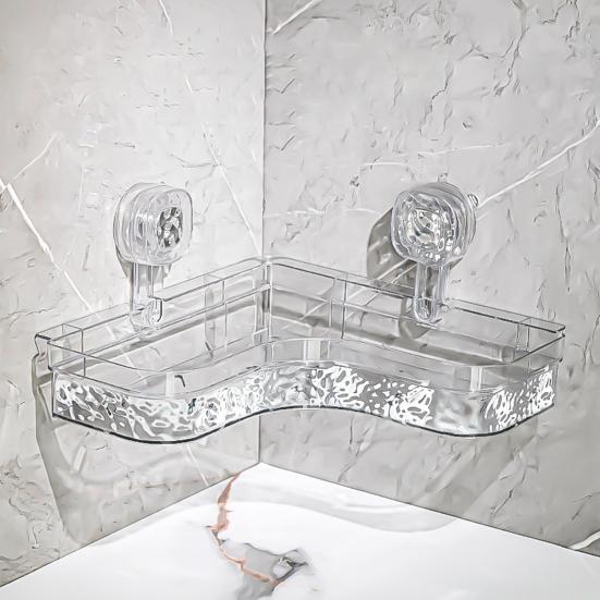 No-Drill Clear Wall Caddy Storage Rack with Suction Cup Triangular Compartments Strong Load-bearing Easy To Install Bathroom Corner Storage Shelf