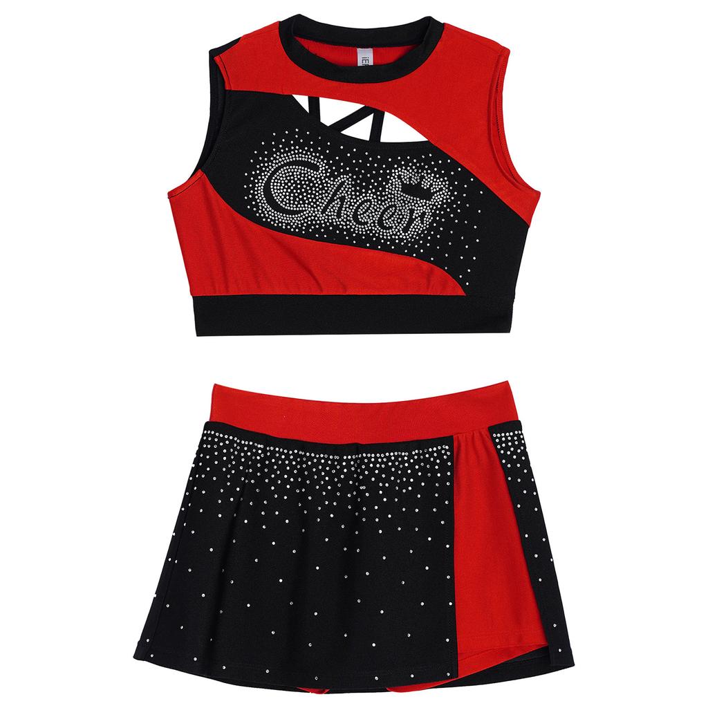 Kids Girls Cheerleading Dance Outfit Set Sleeveless Rhinestone Crop Top & High Slit Skirt for Cheer Competition, Stage Performance, Party Costume