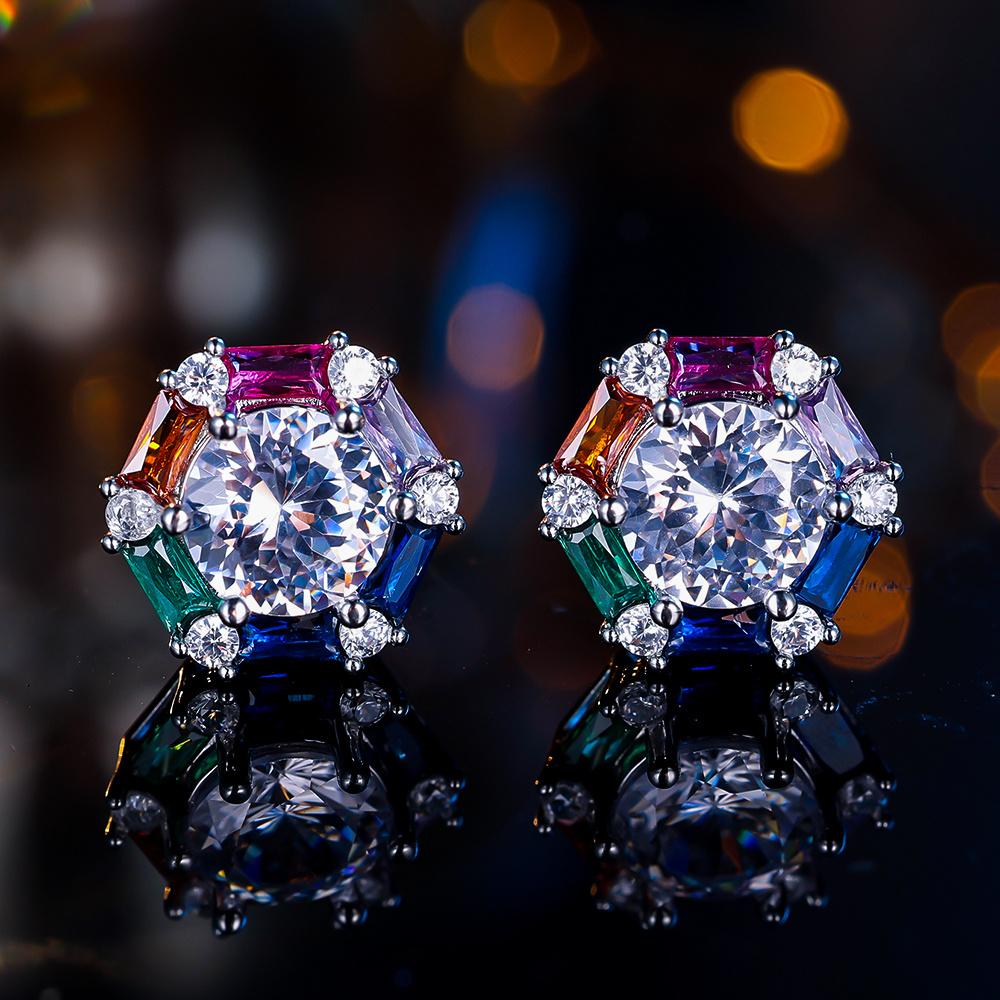 Cute Female Stone Rainbow Zircon Stud Earrings Silver Gold Color Wedding Jewelry For Women