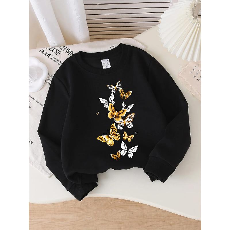 European sizes Kids' Yellow & White Butterfly Print Round-Neck Hoodie - Soft Spring/Fall Casual Wear, Cozy Playwear, Playdates & Everyday Outfits