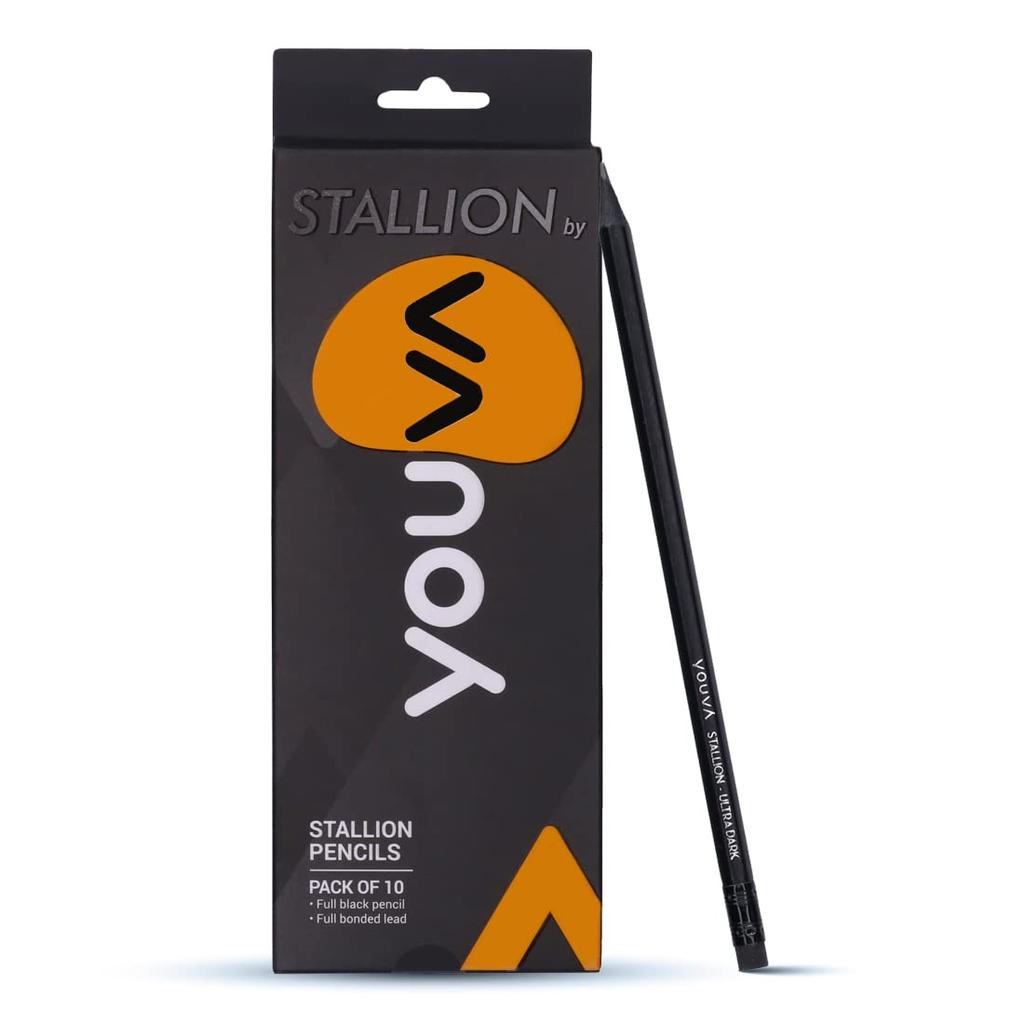 YOUVA Navneet Stallion Premium Black Writing Pencils With Eraser Tip For Students and Professionals 10PC Set School Use