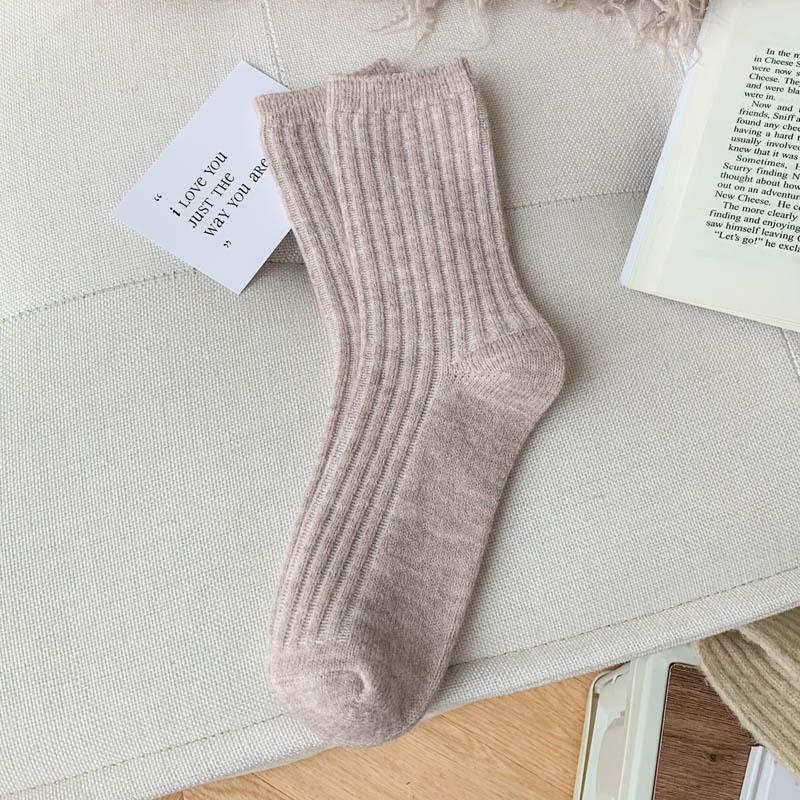 Women's Japanese Style Wool Socks, Thick Mid-Calf, Solid Color, Versatile, Warm for Autumn & Winter