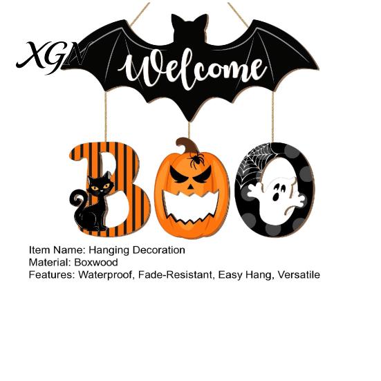 Wall Hanging Party Decoration Halloween BOO Door Sign, Spooky Bat Welcome Wooden Ghost Pumpkin Rustic Board Black Cat Hanger Ornaments for Front