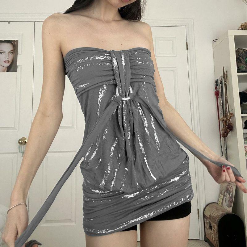 Y2K Retro Fashion Personality Metal Ring Tie Halter Neck Tube Top Street Style Silver Foil Shimmer Trendy Sexy Top